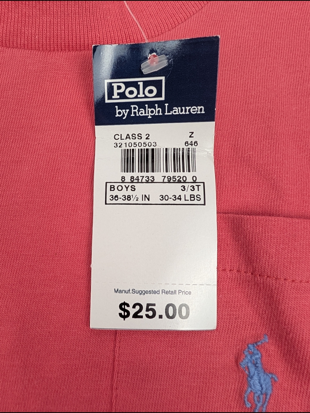 NWT Polo by Ralph Lauren Boys Long-Sleeve Pocket Tee - Salmon 3/3T - Picture 3 of 3